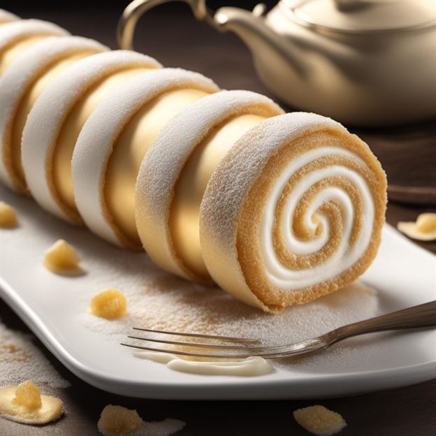 "An image of a cream roll with a luscious vanilla cream center, a mouthwatering dessert."