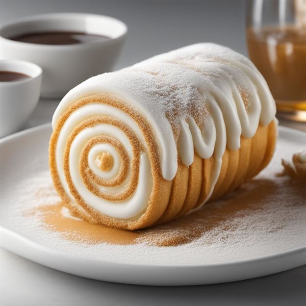 "A gourmet cream roll with a swirl of chocolate drizzle, an indulgent pastry delight."
