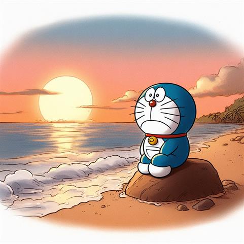 "A solitary Doraemon standing against a backdrop of a sunset, appearing lost in thought."