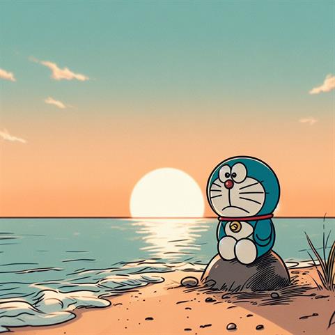 "Alone Doraemon in a quiet room, its eyes reflecting a sense of loneliness."