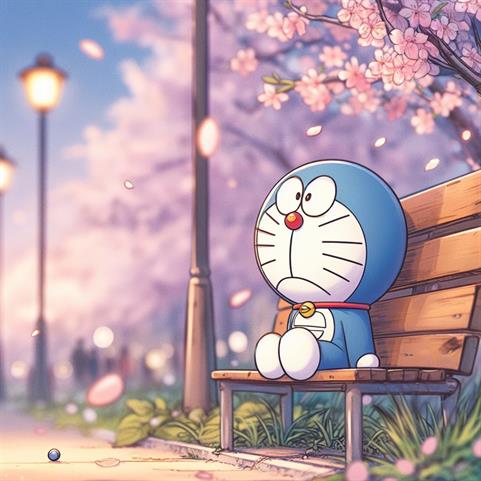 "Lonely Doraemon walking alone on a deserted street, with a somber expression."