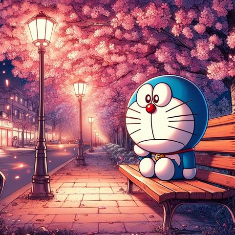 "Alone Doraemon sitting on a hill, with a pensive expression, watching the world below."