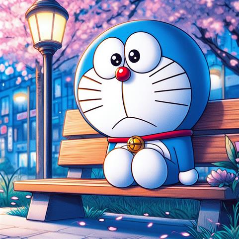 "Alone Doraemon sitting on the edge of a pier, staring at the calm water, deep in contemplation."