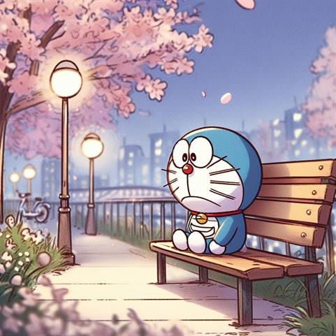 "Doraemon standing alone in an empty playground, its eyes conveying a sense of solitude."