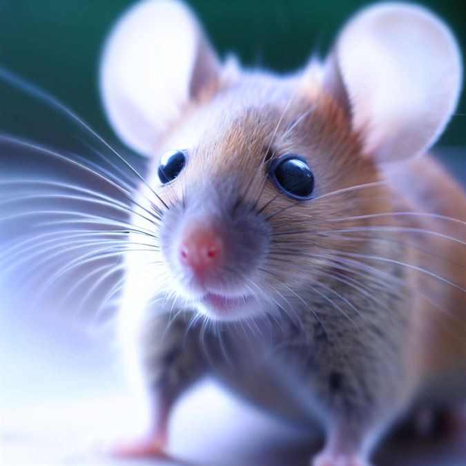 "A close-up of a cute mouse with whiskers, showcasing its small size and curious expression."