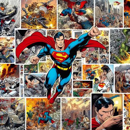 "A vivid 90's comic artwork featuring Superman, with his cape billowing dramatically in the wind."
