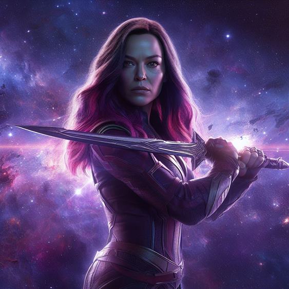 "Gamora, the deadliest woman in the galaxy, with a fierce expression and her signature sword."