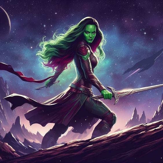 "Gamora in her iconic outfit, radiating confidence and strength."