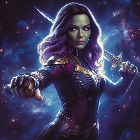 "An action-packed image of Gamora wielding her sword, ready for battle."