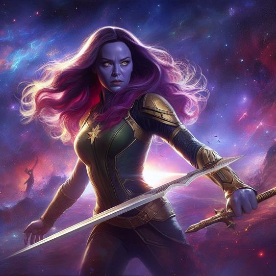 "Gamora's intense gaze, showcasing her unwavering resolve and warrior spirit."