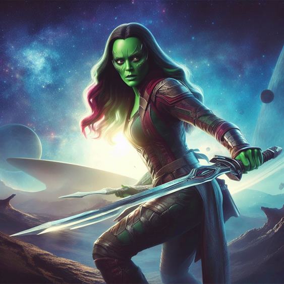 "Gamora in combat stance, displaying her exceptional martial arts skills."