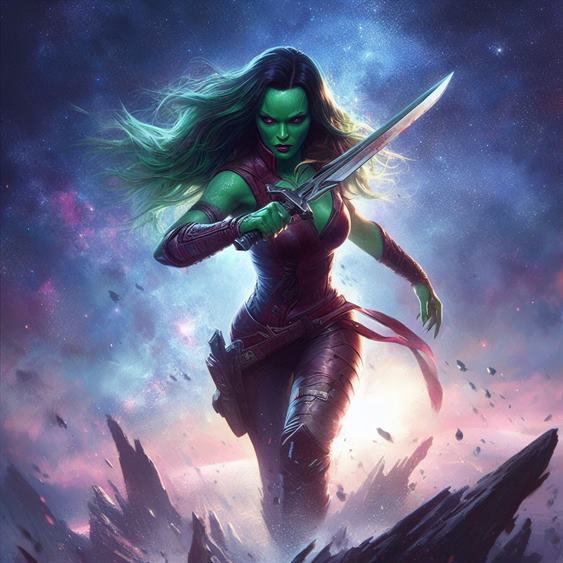"Gamora, the adopted daughter of Thanos, embodying resilience and independence."