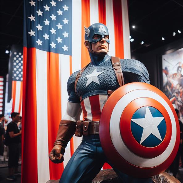 "Captain America, clad in his iconic suit, holding his shield with determination."