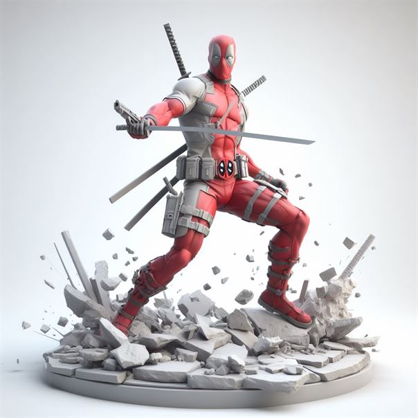 "Deadpool in his iconic red and black costume, striking a confident pose."