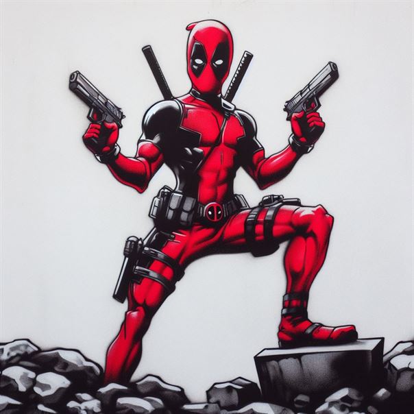 "A dynamic shot of Deadpool leaping into action, showcasing his acrobatic skills."