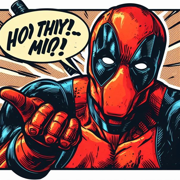 "Deadpool with guns drawn, showcasing his deadly accuracy and sharpshooting abilities."