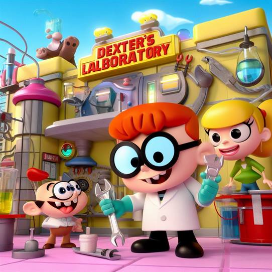 "Dee Dee, Dexter's energetic sister, causing mischief in Dexter's high-tech lab."