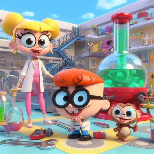 "Dexter's laboratory in full swing, with beakers, test tubes, and scientific equipment."