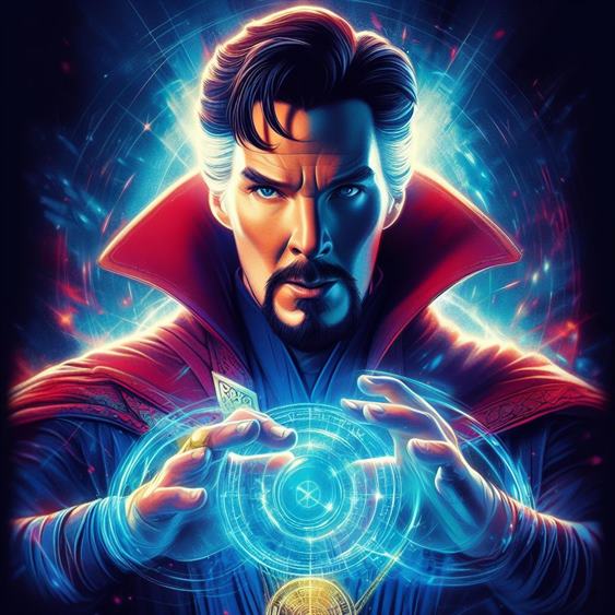 "A close-up of Doctor Strange's intense eyes, glowing with magical power."
