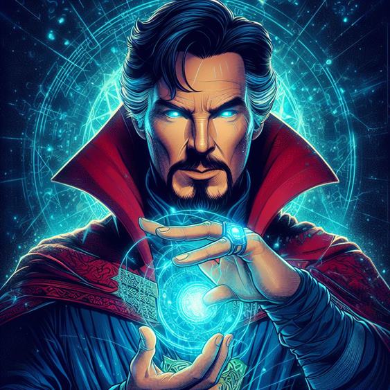 "Doctor Strange in his iconic Cloak of Levitation, floating in mid-air with an aura of magic."