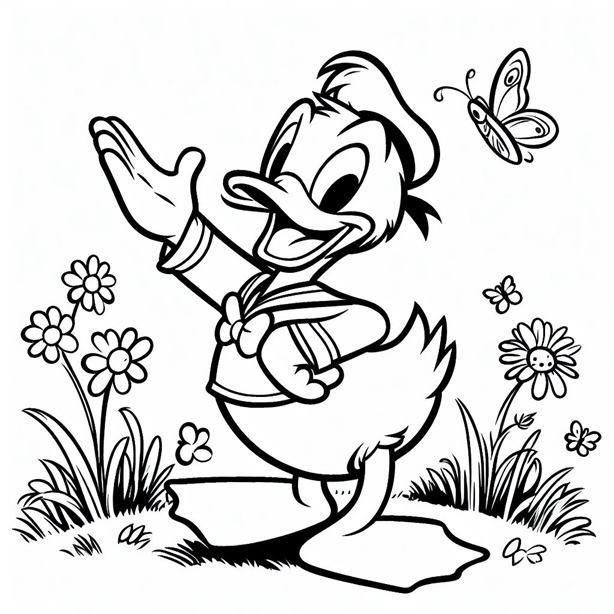 "Minimalist Donald Duck outline with emphasis on his delightful personality and distinctive attire."