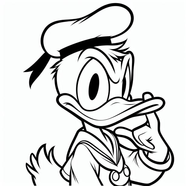 "Detailed outline clipart of Donald Duck's face and body, capturing his lovable Disney character."