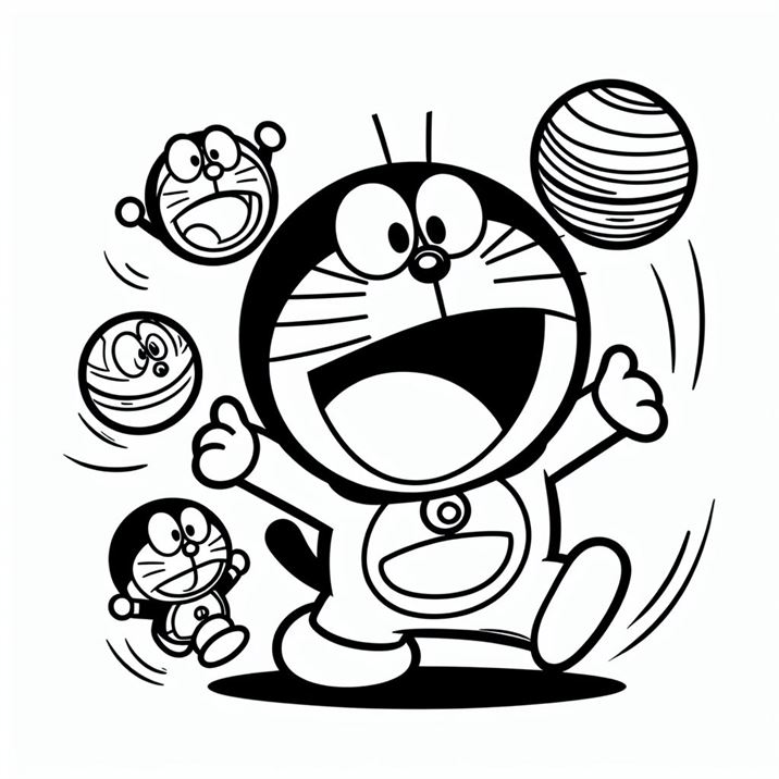 "Doraemon clipart outline, emphasizing his pocket with futuristic gadgets and smiling face."