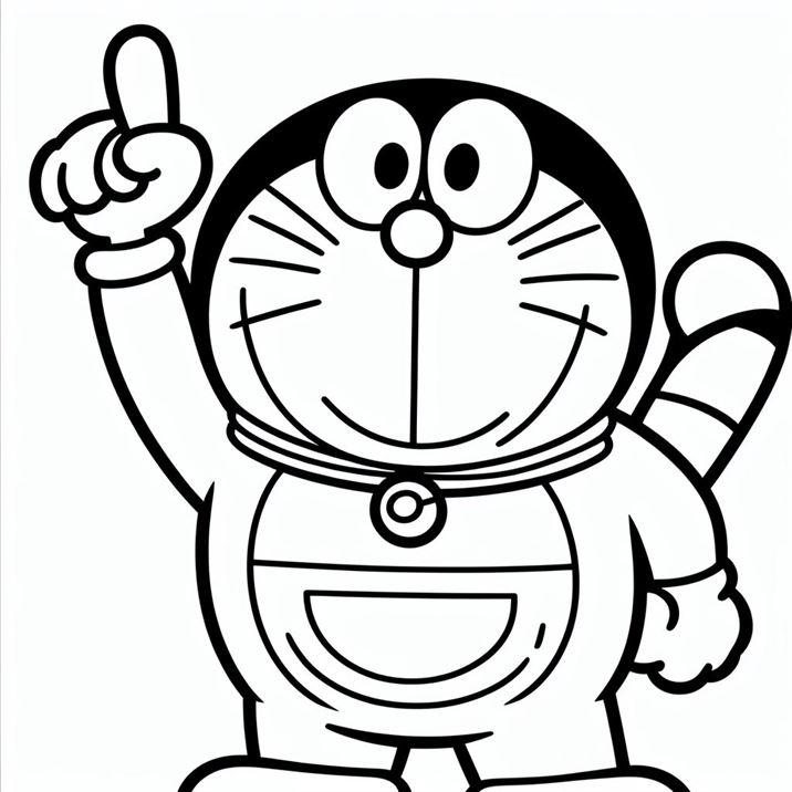 "Outlined drawing of Doraemon holding his magic pocket, showcasing his adventurous spirit and charm."