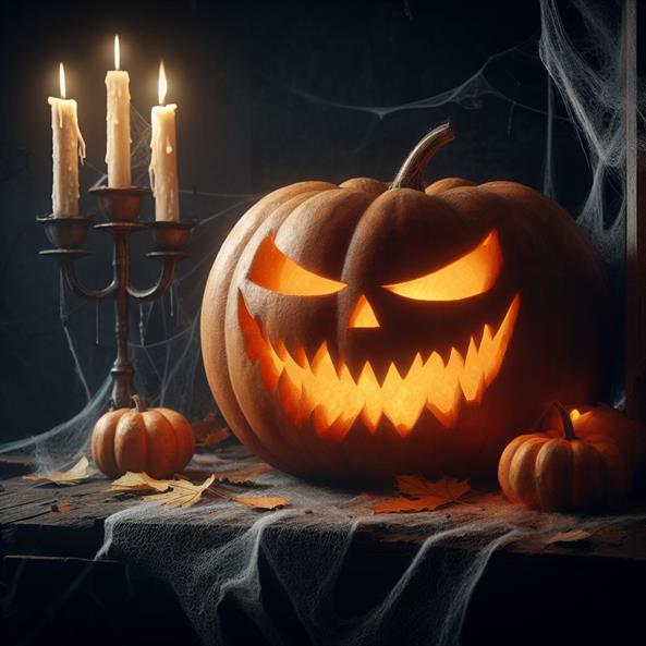 "A Halloween pumpkin illuminated by candlelight, creating a magical and mysterious ambiance."