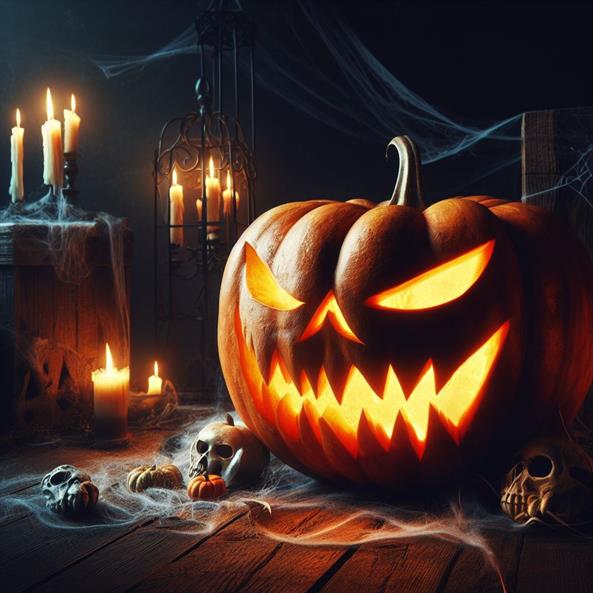 "A creative pumpkin carving design, featuring a spooky scene or a popular Halloween character."