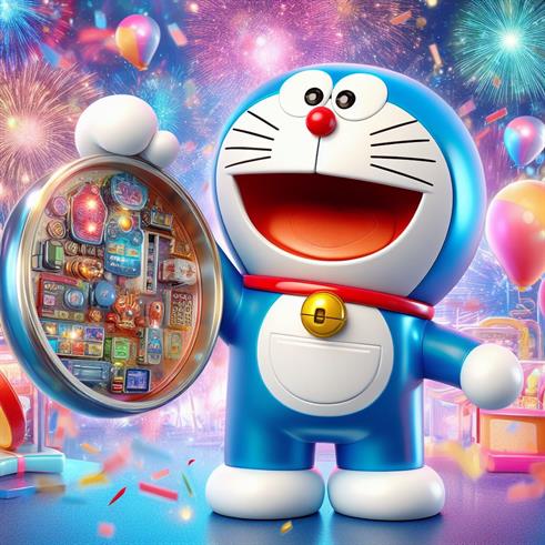"Doraemon, the happy robotic cat, with a smiling face and twinkling eyes, radiating joy."