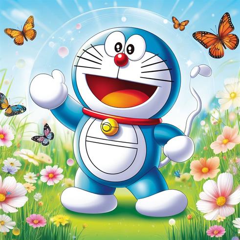 "Doraemon wearing his signature bell and collar, his cheerful presence brightening the day."