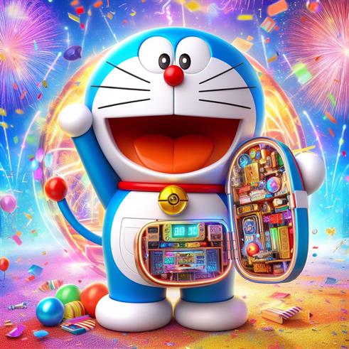 "Doraemon with a balloon bouquet, symbolizing celebration and happiness."