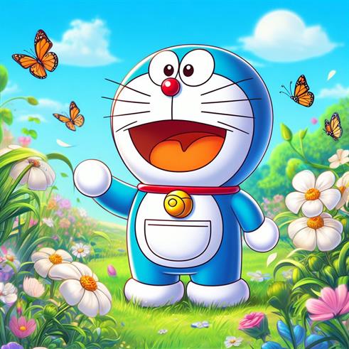 "Doraemon sharing a friendly wave, his happiness infectious and heartwarming."