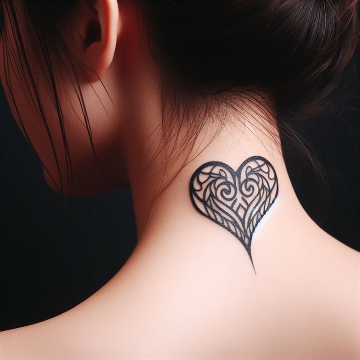 "Heart-shaped tattoo design on a girl's neck, symbolizing love and romance."