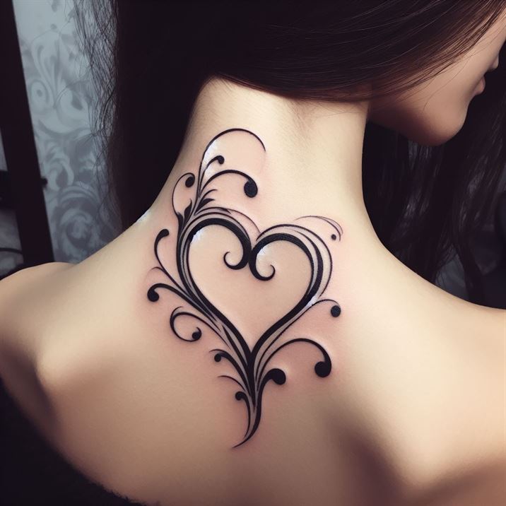 "Intricate heart tattoo on a girl's neck, showcasing artistic craftsmanship."