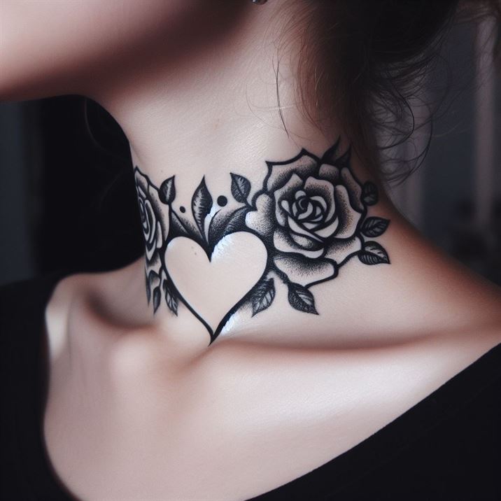 "Feminine neck tattoo with a heart-shaped design, adding charm and allure."