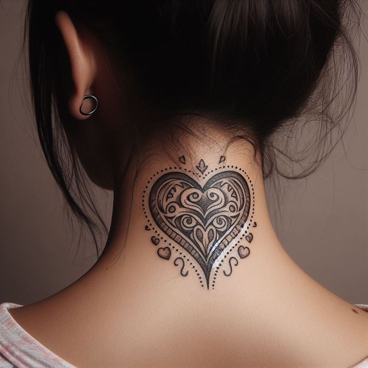 "Tattoo of a heart shape adorning a woman's neck, symbolizing love and commitment."