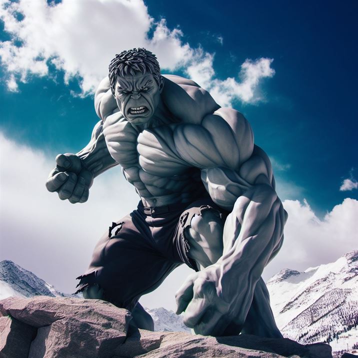 "An enraged Hulk, muscles bulging, against the backdrop of a rugged mountain landscape."