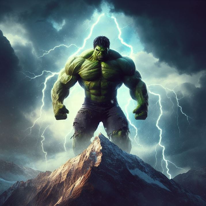 "The ferocious Hulk, bellowing in anger, with mountains looming in the background."