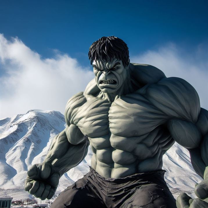 "Hulk's furious expression, set against a dramatic mountain vista, emphasizing his power."