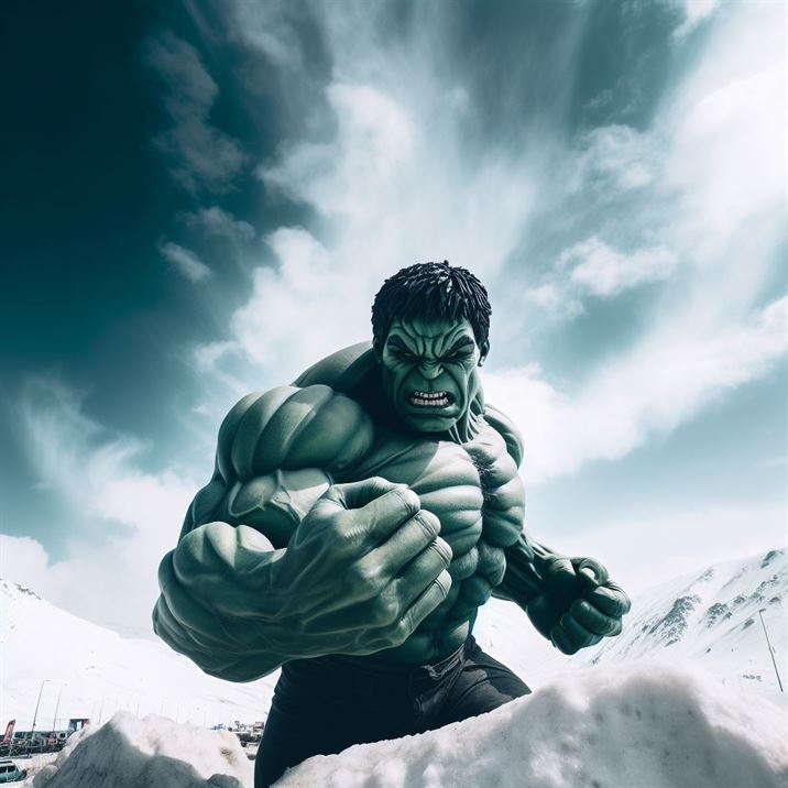 "A powerful Hulk, roaring in fury, standing defiantly on a mountain peak."