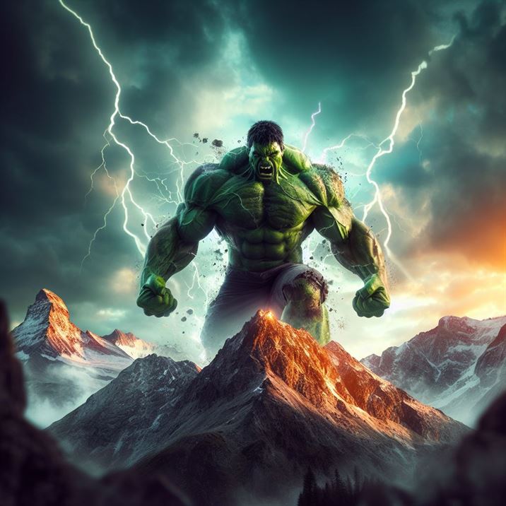 "The Angry Hulk, veins pulsating with rage, dominating the mountainous backdrop."