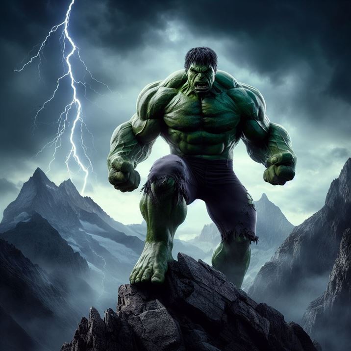 "Hulk's wrath personified, a towering figure against the formidable mountain he stands upon."