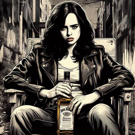 "A close-up of Jessica Jones's face, capturing her no-nonsense attitude and sharp wit."