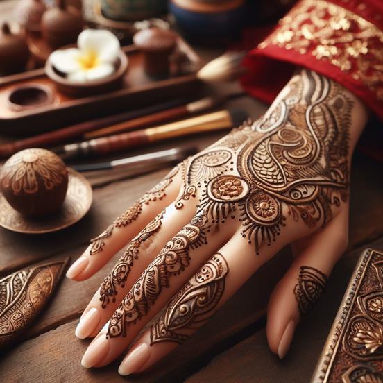 "Intricate Mehndi design featuring floral patterns and traditional motifs."