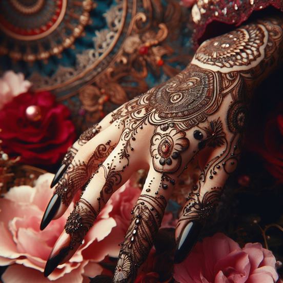"Detailed Mehndi art on hands, showcasing delicate lace-like patterns."