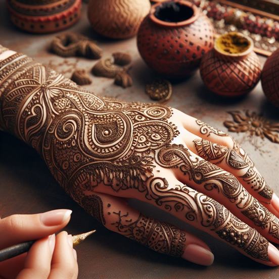 "Beautiful henna design with paisley and peacock motifs, symbolizing elegance and grace."