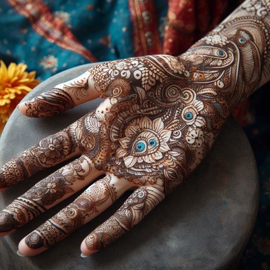 "Elaborate bridal Mehndi design, incorporating intricate patterns and intricate detailing."