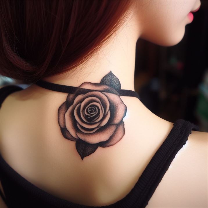 "Rose-shaped tattoo design on the neck of a girl, intricate and elegant."